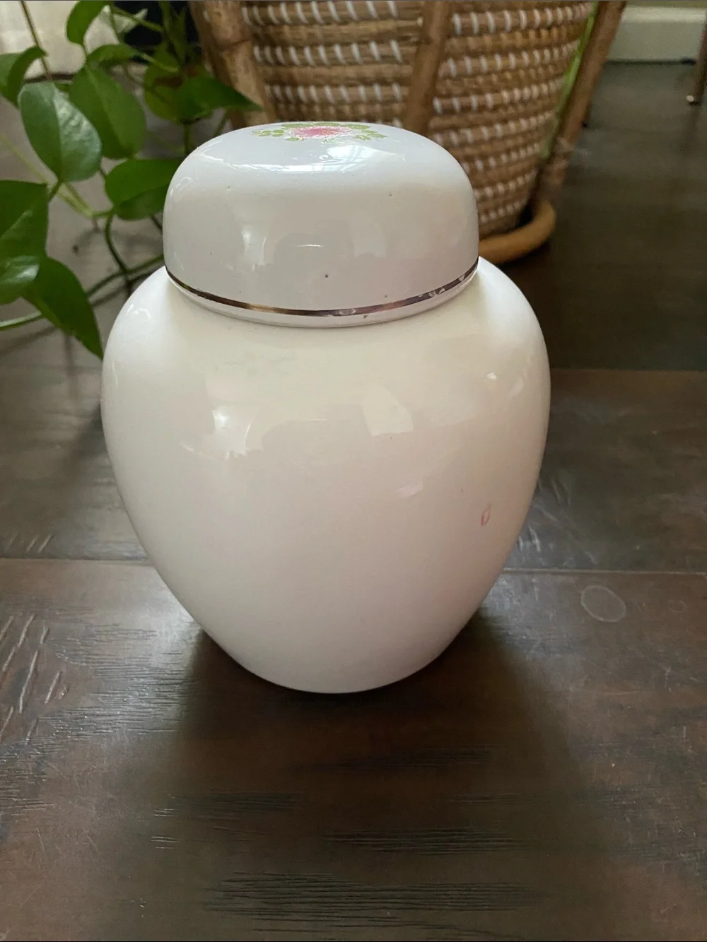 White Floral Ceramic Ginger Jar with Pink Flower Motif